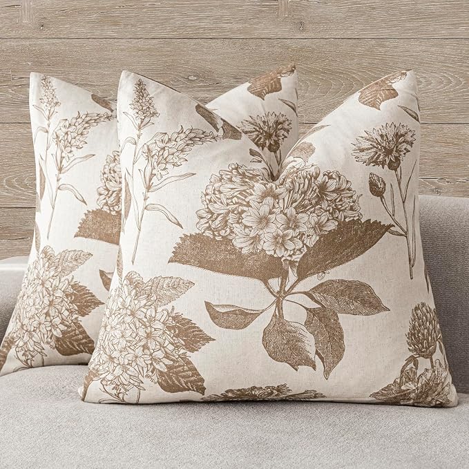 Foindtower Set of 2 Linen Floral Throw Pillow Covers Neutral Vintage Print Decorative Cushion Covers Farmhouse Boho Home Decor for Sofa Chair Couch Bedroom Living Room,22×22 Inch,Light Brown