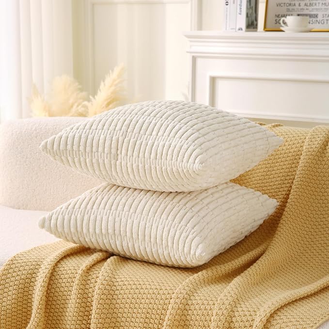 2 Pack Corduroy Decorative Throw Pillow with Inserts, 18x18 Inch Soft Boho Throw Pillow, Square Striped Throw Pillows for Couch, Bed, Sofa Decor(Beige)