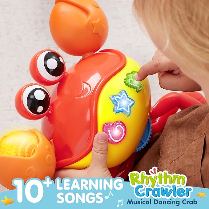 Play-Act Crawling Crab Baby Toy, Interactive Musical Crab with Intelligent Sensor & Auto-Avoiding Obstacles, Tummy Time Toy with Lights and Buttons, Gift for Toddlers Learning to Crawl