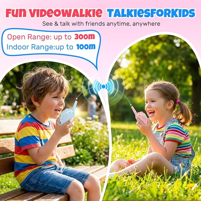 Video Walkie Talkies for Kids, 2 Pack Rechargeable, Long Range Voice & Video Communication, HD Camera, Fun Voice Effects, Ideal for Boys & Girls Ages 3-10, Indoor & Outdoor Play-Blue/Pink