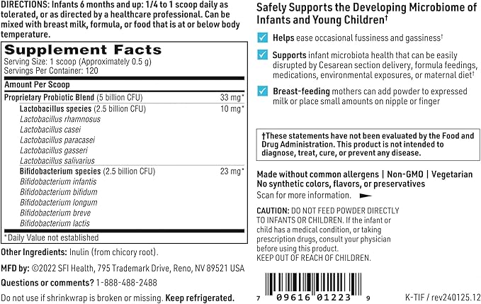 Klaire Labs SFI Health Ther-Biotic Baby - Infant Probiotic Powder - Gut & Immune Support Probiotics Powder - Mix with Breast Milk + Food - Bifidobacterium Infantis & More - Hypoallergenic (66g/2 Pack)