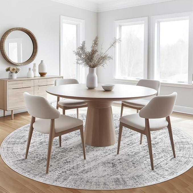 Soalmost 6x6 Grey Round Rug 6ft Circle Living Room Area Rugs Non-Slip | Washable Vintage Indoor Carpet for Dining Bedroom, Low Pile Stain Resistant Foldable Floor Mat Entryway Home Office Decor