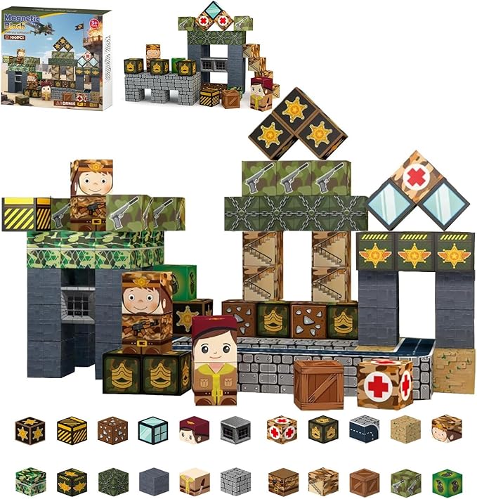 100PCS Magnetic Building Blocks,Magnetic Tiles Military Army Toy for Kids Ages 3 4 5 6 7 8,Stacking Magnets Toys for 4-8 Year Old Boys Girls,STEM Learning Toy Birthday for Toddlers 3-10