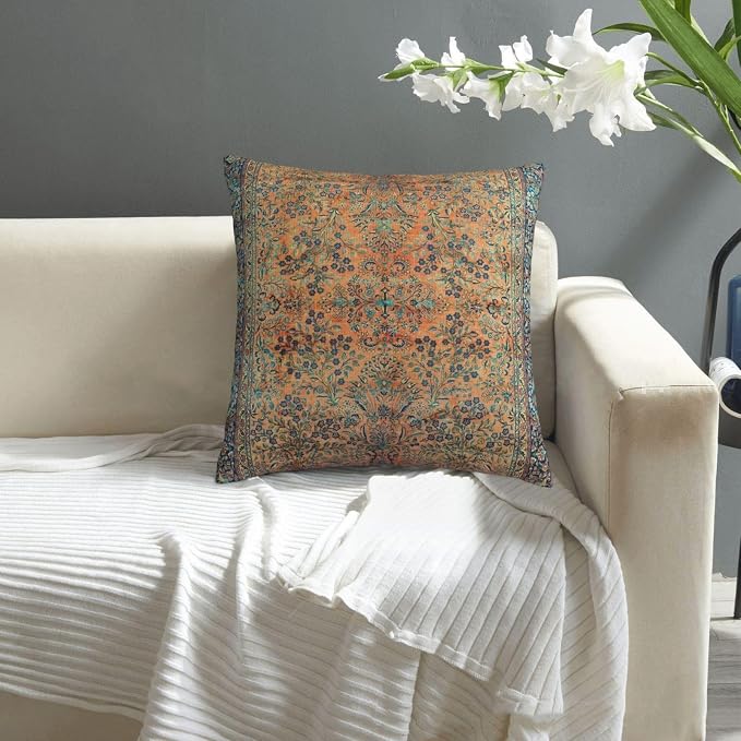 Manchester Kashan Floral Persian Carpet Print Art Pillow Covers Decorative Square Throw Pillowcase 18x18 Inch Couch Cushion Cover for Home Decor Living Room Bedroom College Dorm Bed Car Sofa