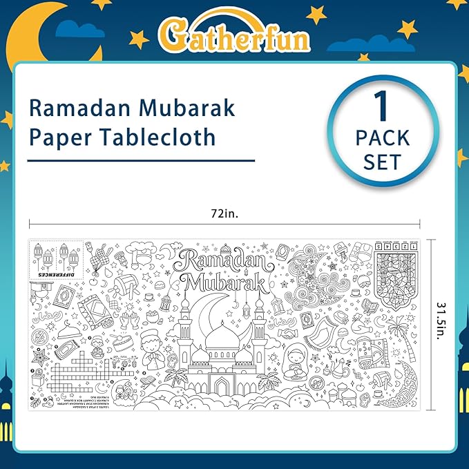 Ramadan Activity Poster & Home Decor - 31.5 x 72" Coloring Banner/Table Cover for Eid Mubarak Decoration, for School Parties & Ramadan Decoration