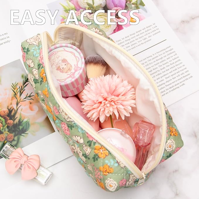 PAZIMIIK Small Quilted Makeup Bag,Zipper Cosmetic Pouch,Green Floral,6 Pack | Lightweight Cosmetic Bag Organizer for Women,Purse Storage Holds Makeup,Toiletries,Skincare,Beauty Essentials,Travel Items
