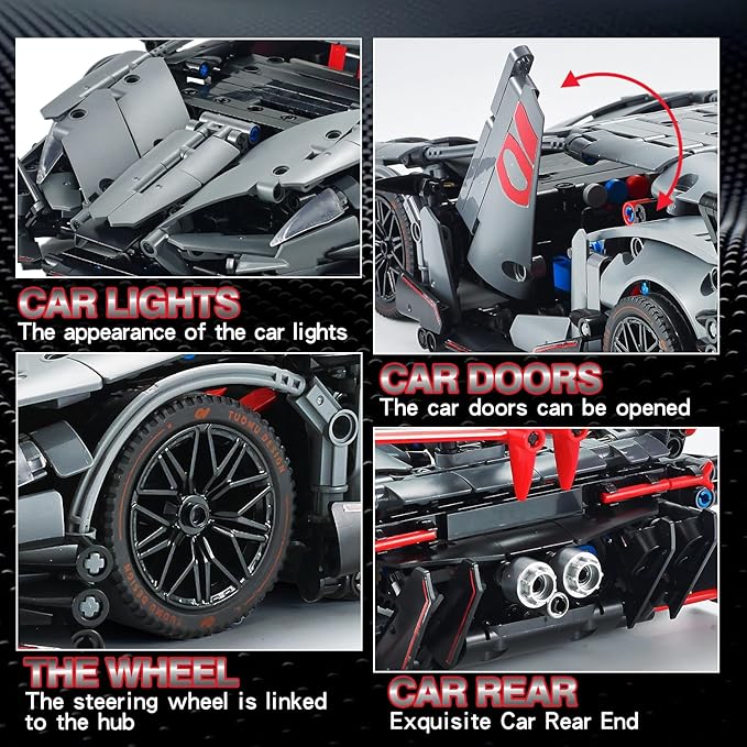 Sports Car Building Set for Adults - 1:14 MOC Toy Car Building Block, Racing Car Model Kit Gifts for Boyfriends,Boys and Teens Age 8-14 (Black)