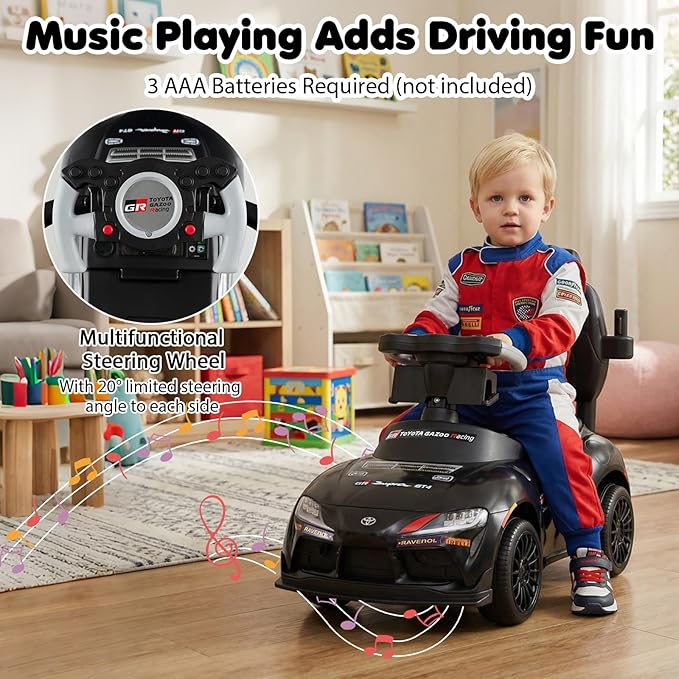 Costzon Push Car for Toddlers, 3 in 1 Toyota Licensed Stroller Sliding Walking Car w/Handle, Music, Safety Guardrail, Under-Seat Storage, Foot-to-Floor Kids Ride On Toys for Boys Girls (Black)