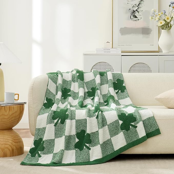 Snuggle Sac St.Patrick's Day Blanket, Lucky Spring Green Clover Shamrock Irish Throw Blanket, Soft Cozy Fuzzy Reversible Checkered Blanket for Couch Sofa Chair, 50x60 inches