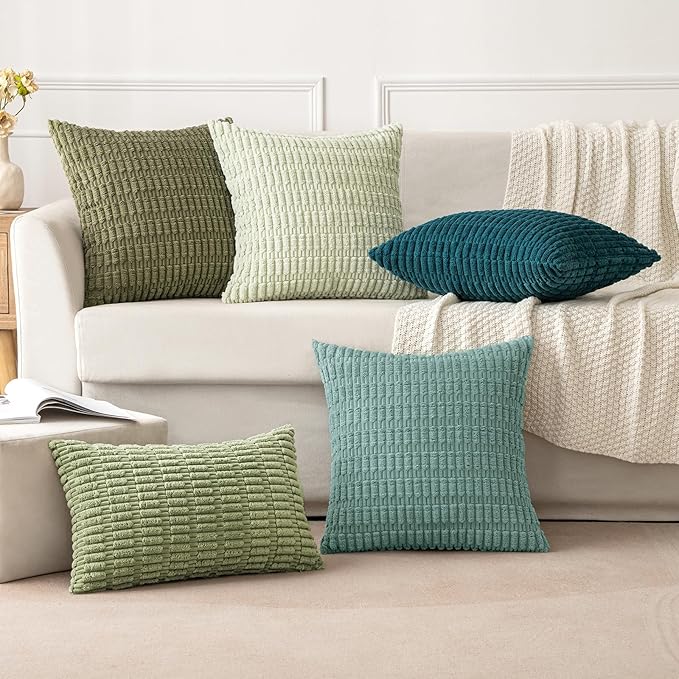 MIULEE Corduroy Decorative Throw Pillow Covers 16x16 Teal Green Pack of 2 | Soft Boho Striped Pillow Covers Modern Farmhouse Home Decor For Sofa Living Room Couch Bed