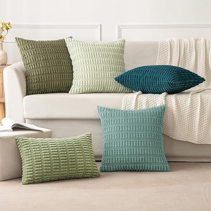 MIULEE Corduroy Decorative Throw Pillow Covers 18x18 Teal Green Pack of 2 | Soft Boho Striped Pillow Covers Modern Farmhouse Home Decor For Sofa Living Room Couch Bed