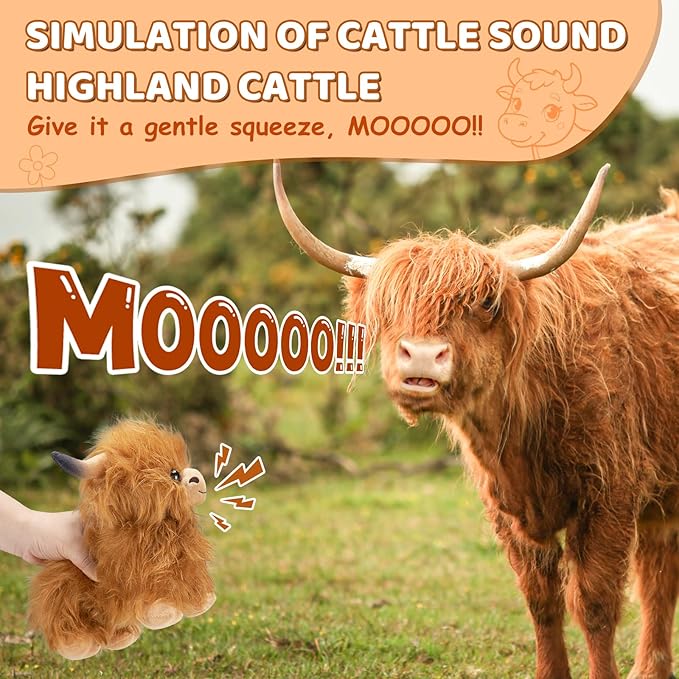 Highland Cow Stuffed Animal, Highland Cow Plush Toy with Moo Sound. Cute and Fluffy Stuffed Animal. Humorous and Funny Voices, Highland Cattle Can Be Changed at Will. Great for Kids, Girls and Boys