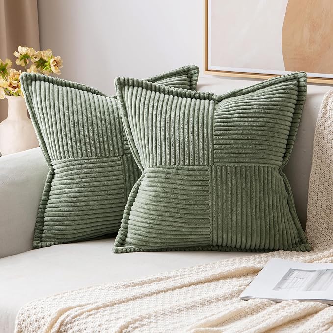 MIULEE Decorative Euro Sham Throw Pillow Covers 24x24 Light Olive Green | 2 Pack, Boho Broadside Striped Patchwork Pillow Covers, Soft Corduroy Cushion Cases, For Bed Couch Sofa Livingroom Home Decor