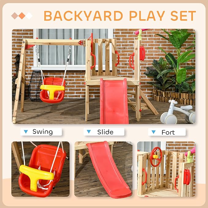 Outsunny Swing Set for Backyard, Wooden Toddler Outdoor Playset with Baby Swing Seat, Kids Slide, Fort, Playground Equipment with Captain's Wheel, Telescope for Ages 1.5-4, Red