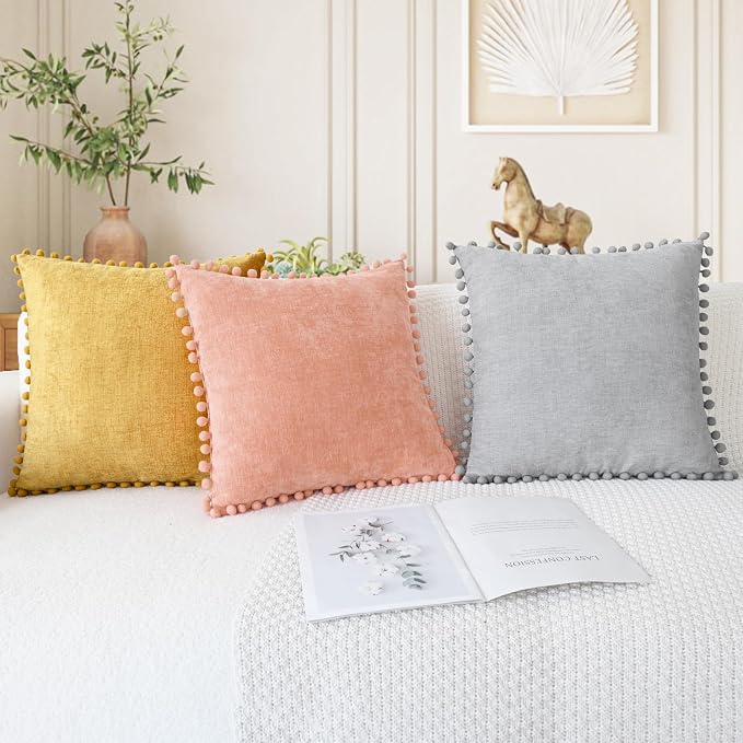 CaliTime Decorative Couch Throw Pillow Covers 16 X 16 Inches Dusty Pink | Pack of 2, Cozy Chenille Cushion Cases, with Pom Poms for Sofa Bed Living Room Farmhouse Home