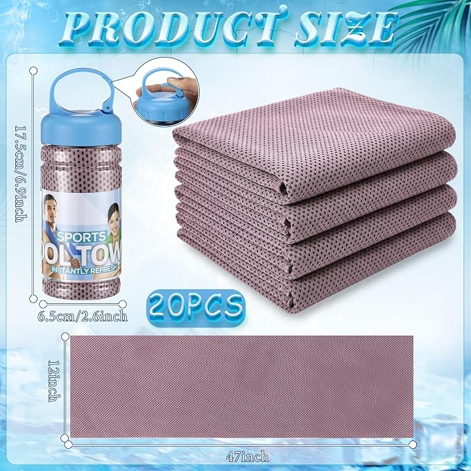 Honoson 20 Pcs Cooling Towels for Neck and Face, 47"x12" Sports Breathable Ice Towels Microfiber Chilly Sweat Rags with Portable Bottle for Gym Golf Athletes Yoga Workout Hot Weather (Pink)
