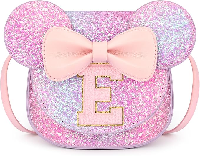 mibasies Toddler Purse Girl Gifts: Girls Birthday Gifts for 3-8 - Toys for Ages 2-4 Girls Mouse Ears Purse, Purple Rainbow, Letter E