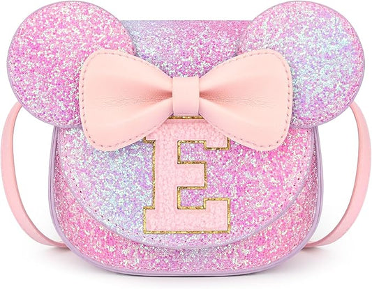 mibasies Toddler Purse Girl Gifts: Girls Birthday Gifts for 3-8 - Toys for Ages 2-4 Girls Mouse Ears Purse, Purple Rainbow, Letter E