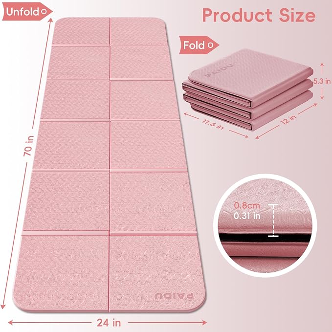 PAIDU Foldable Yoga Mat for Travel, 70"x24"x0.31" (8MM) TPE Double-Sided Non-Slip Pilates Mat with Carrying Bag for Yoga, Pilates, Fitness and Home/Outdoor Workouts