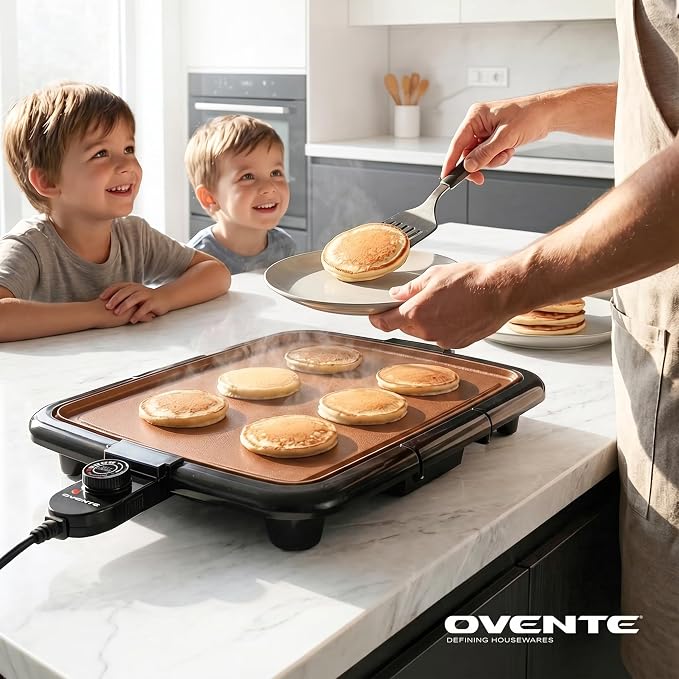 OVENTE Electric Griddle with 16 x 10 Inch Non-Stick Plate, Copper GD1610CO | Removable and Adjustable Temperature Control, Indoor Grill perfect for Instant Breakfast, Pancakes, Eggs or Burgers