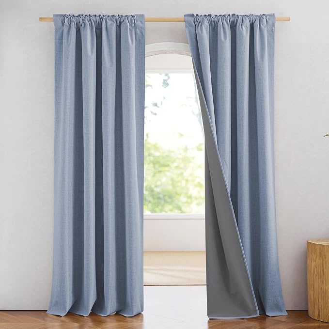 NICETOWN Full Blackout Linen Curtains 108" Length with Thermal Insulated Liners for Living Room, Farmhouse Style Keep Cool & Warm Large Window Drapes for Hall (Stone Blue, 2 Panels, 52" Wide)