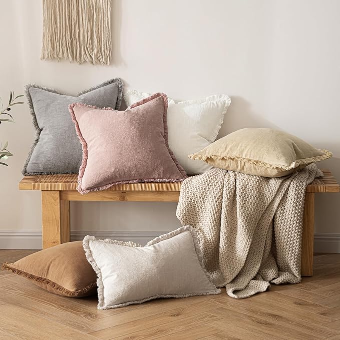 MIULEE Boho Linen Fringe Decorative Throw Pillow Covers Pink 18x18 | Set of 2, Cottagecore Decor, Boho Farmhouse Neutral Pillow Covers, Rustic Couch Cushion Cases for Sofa Bed Living Room