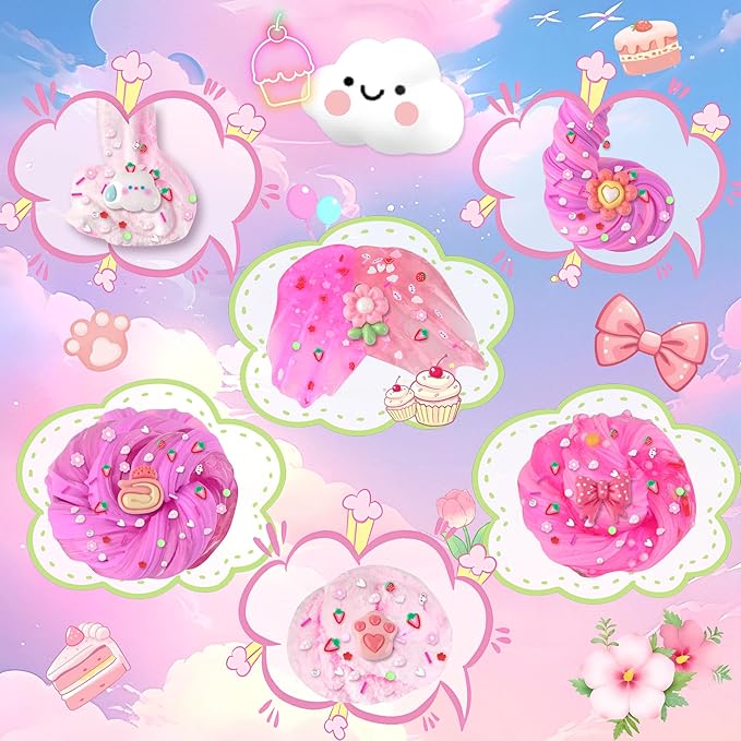 6 Pack Slimes, Pink Slime Kids, Cloud Slime kit for Girls Ages 8-12, Toys for Girls and Boys, for Kids Slime Set Party kit Goodie Bag Stuffers, 4 5 6 7 8 9 10 Year Old Girl Birthday Gift Cute Stuff