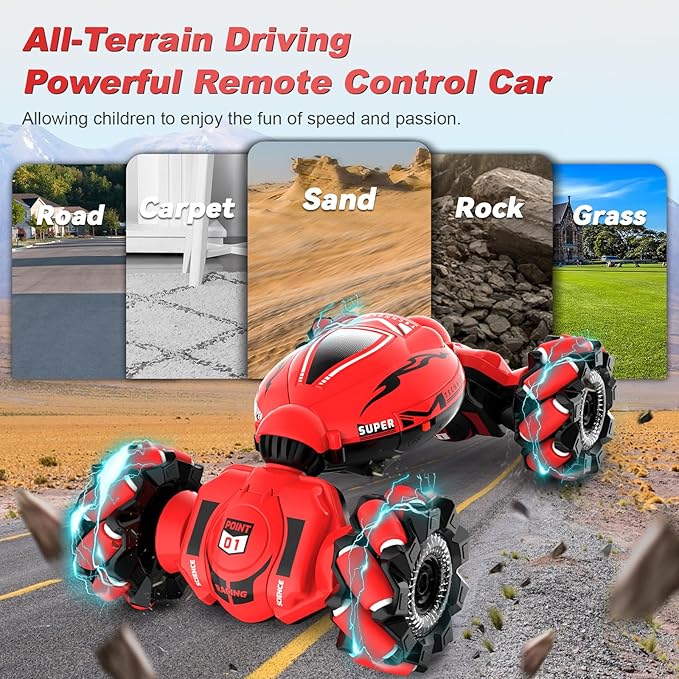 RC Car Toys for Boys Girls 6-12, Birthday Xmas Gifts for 6 7 8 9 10 11 12 Years Old, Gesture Sensing RC Stunt Car with Lights Music 2.4GHz 4WD Hand Remote Control 360° Rotate All-Round Drift