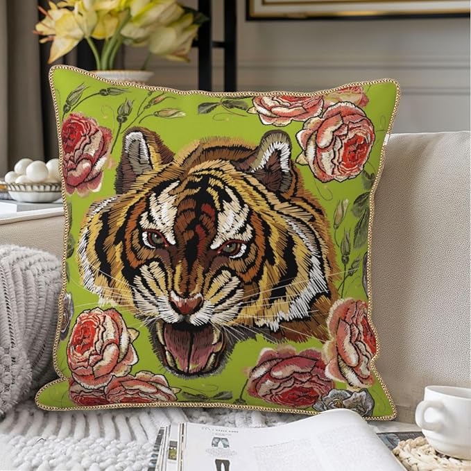 Tiger Flower Green Velvet Pillow Covers 20x20 Inch Pink Floral Animal Throw Pillows for Couch Cushion Covers Pillowcase Farmhouse Modern Pillow Cases for Sofa Bed Living Room Bedroom