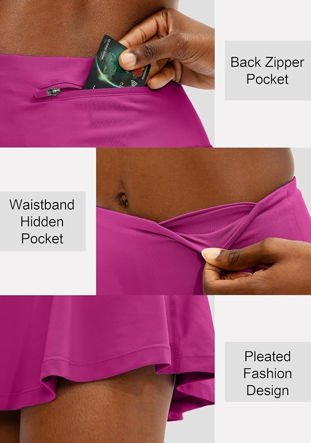 Pleated Tennis Skirt with 4 Pockets | 14", 3.5" High Waisted, Soft, Lightweight, Mesh Built-in Shorts, Dressy, Casual, Athletic, Golf, Skort for Women