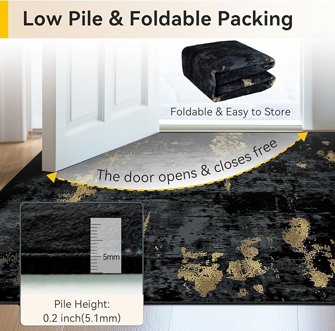 RELEANY Washable Area Rugs 8ft Non-Slip Modern Abstract Soft for Living Room Entryway Bedroom Kitchen, Print Pattern, Dark Black Gold