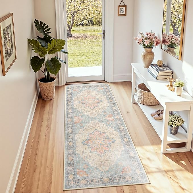RELEANY Area Rugs Runner 2'x8' Washable Non-Slip, Floral Vintage Distress Medallion Carpet for Kitchen Hallway Bedroom Beside Laundry Room Bathroom, Blue Orange Red