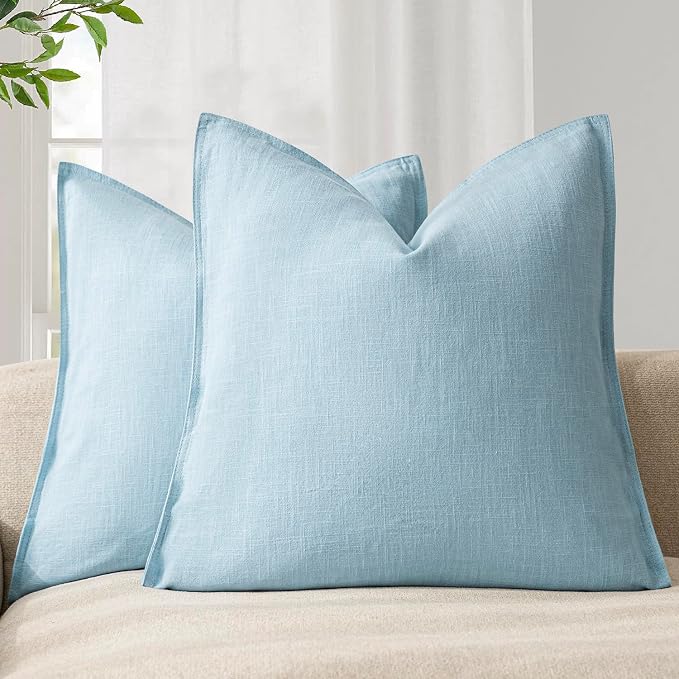 Foindtower Pack of 2, Decorative Linen Solid Throw Pillow Covers Soft Accent Euro Cushion Case Farmhouse Neutral Pillowcase for Chair Couch Sofa Bedroom Living Room Home Decor 22 x 22 Inch Light Blue