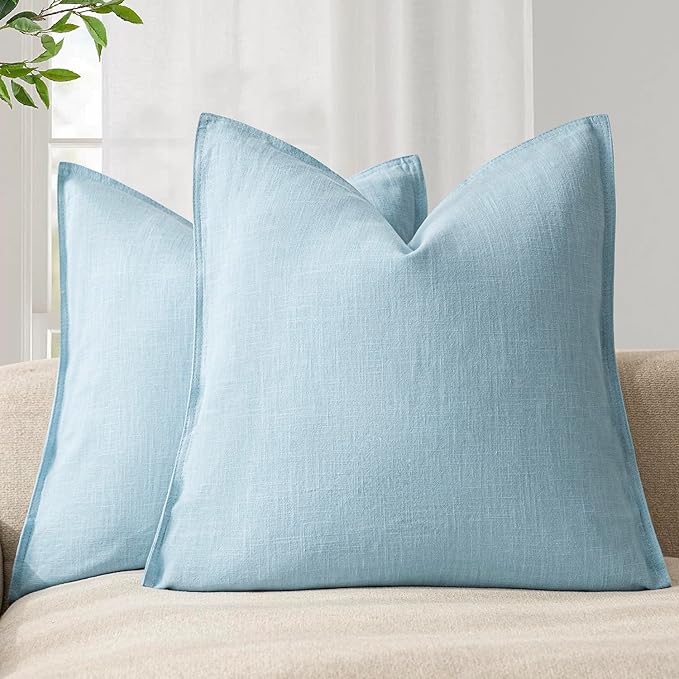 Foindtower Pack of 2, Decorative Linen Solid Throw Pillow Covers Soft Accent Euro Cushion Case Farmhouse Neutral Pillowcase for Chair Couch Sofa Bedroom Living Room Home Decor 26 x 26 Inch Light Blue