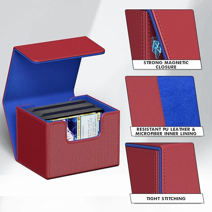 ZLCA Card Deck Box for Trading Cards, MTG Commander Deck Box Holds 120+ Single Sleeved Cards, Leather Magnetic Card Storage Box Fits for TCG CCG Magic Cards (Red&Blue)