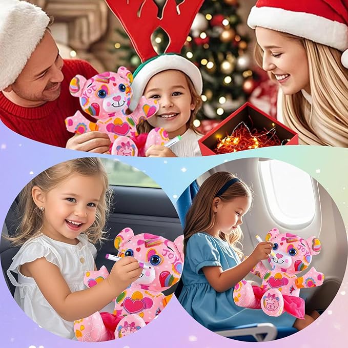 Stuffed Animal Coloring Plush Toy with 20 Washable Markers Laser Holographic Backpack Road Trip Car Game Writing Painting Set for Girls Doodle Dolls Kids Ages 3-6 Birthday(Pink Bear)