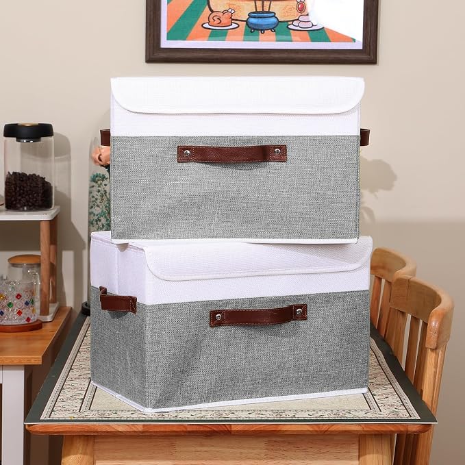 ANMINY Fabric Storage Box Bins with Lids, Gray White, 15"x10"x10", 2 Pack | Keepsake Memory Storage, Cotton Linen, PP Board Reinforced, Washable, PU Handles, Foldable & Stackable, Decorative, Large