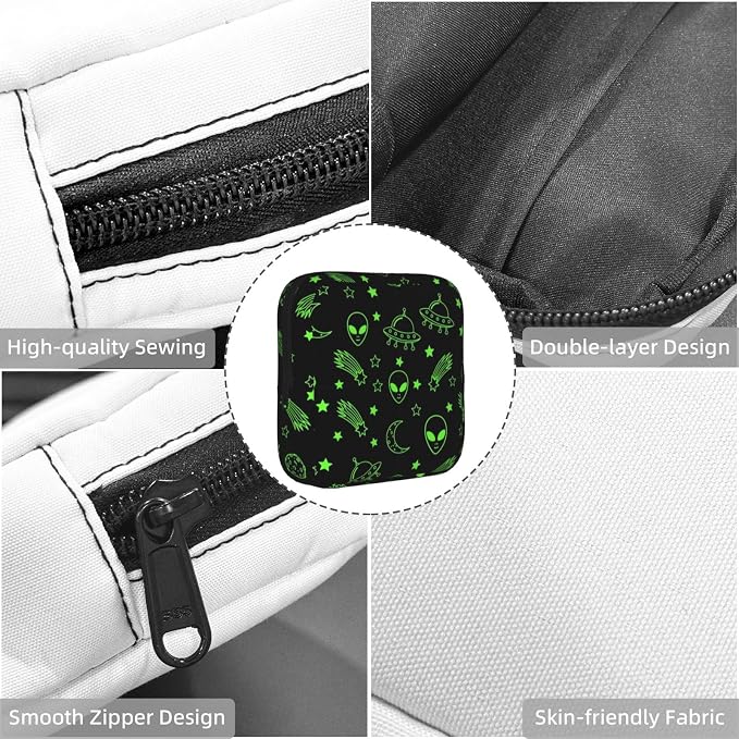 Reusable Menstrual Cup Pouch Green Alien Moon Planet Black, Compact Polyester Period Bag, Multifunctional Storage Organizer for Purse and Travel