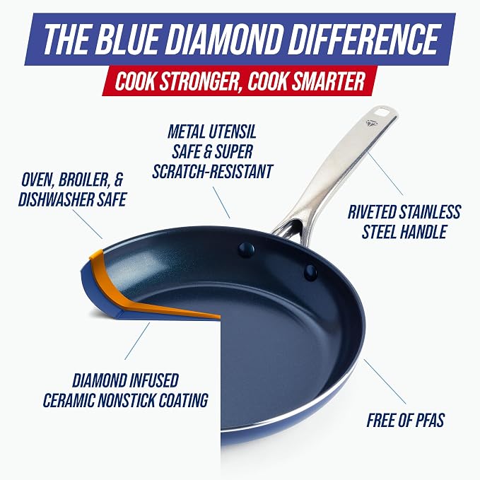Blue Diamond 12" Diamond Infused Ceramic Nonstick Frying Pan Skillet, Blue | PFAS-Free Ceramic Nonstick, Dishwasher & Oven Safe, Stay Cool Handle, Durable Metal Utensil Safe, Egg & Omelet Pan