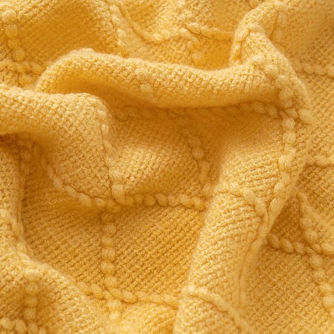 BATTILO HOME Mustard Throw Blanket with Fringe Geometric Bed Gold Yellow Throws Breathable Decorative Large Throw for Couch Sofa Indoor Outdoor (Mustard, 50"x60")