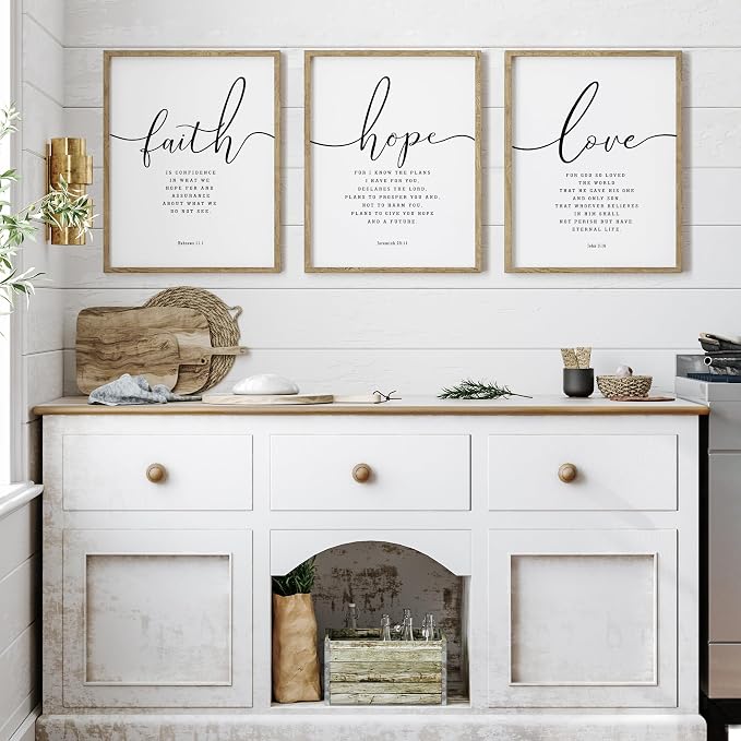 Houmury Set of 3 Framed Farmhouse Bible Verses Wall Decor Sign 11”x14” Christian Faith Scripture Wall Art for Home Bedroom Wall Decor (11"x14" Brown)