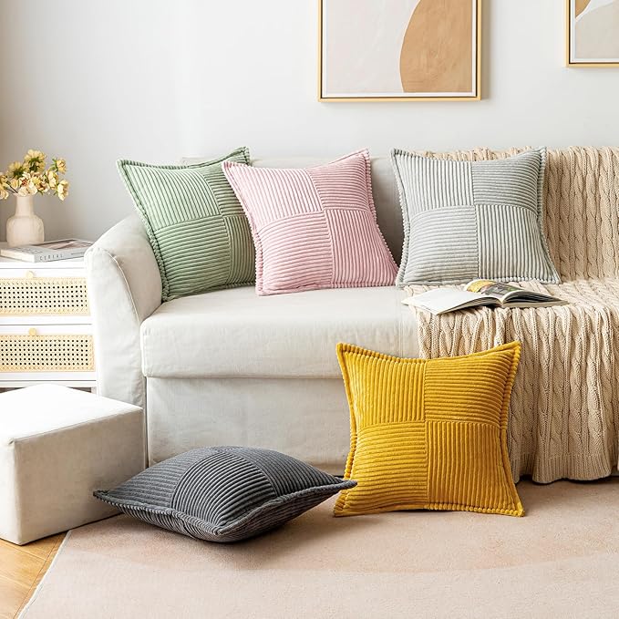 MIULEE Decorative Throw Pillow Covers for Couch 20x20 Inch Pink 2 Pack | Boho Broadside Striped Patchwork Pillow Covers, Soft Corduroy Cushion Cases, For Sofa Bed Livingroom Home Decor