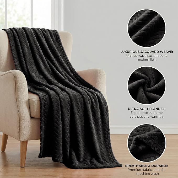 Exclusivo Mezcla Large Fleece Throw Blanket for Couch, Sofa, Black | 50"x70" Soft Breathable Lightweight Flannel Throws for Summer, Plush Cozy Jacquard Wave Blanket for Home Decor