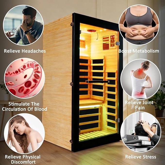 Sauna Far Infrared Saunas 1 Person Low EMF Indoor Personal Sauna | Dry Sauna Room with Starry Lights Ceiling Speakers for Home Gym Spa Fast Heating Easy Assembly 30.7x 30.7x62.2"