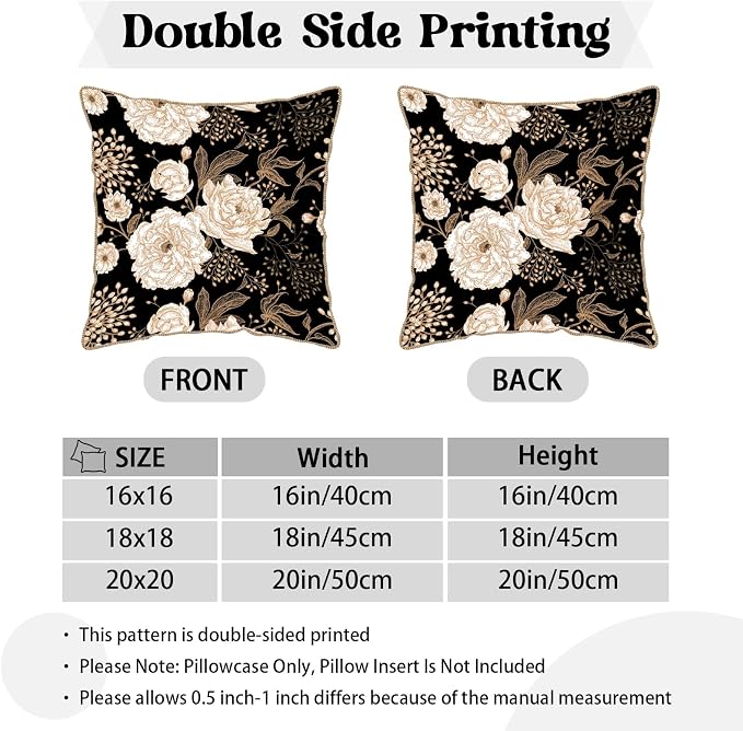 KSLIDS Vintage Peony Roses Floral Soft Velvet Throw Pillow Covers Set of 2 White Roses Flower Bloom Leaves Decorative Pillow Covers 20x20 Inch Black Gold Cream Pillow Case for Sofa Couch Home Decor