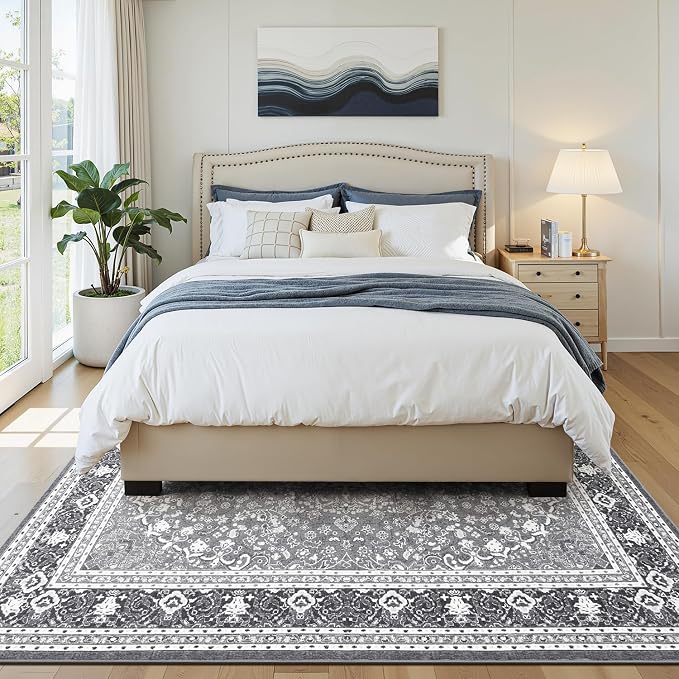 6x9 Area Rugs for Living Room, Washable Non-Slip Rug, Oriental Light Grey | Area Rugs for Bedroom, Low Pile Large Area Rug for Kitchen, Dining Room, Home Office, Vintage Oriental Print Rug