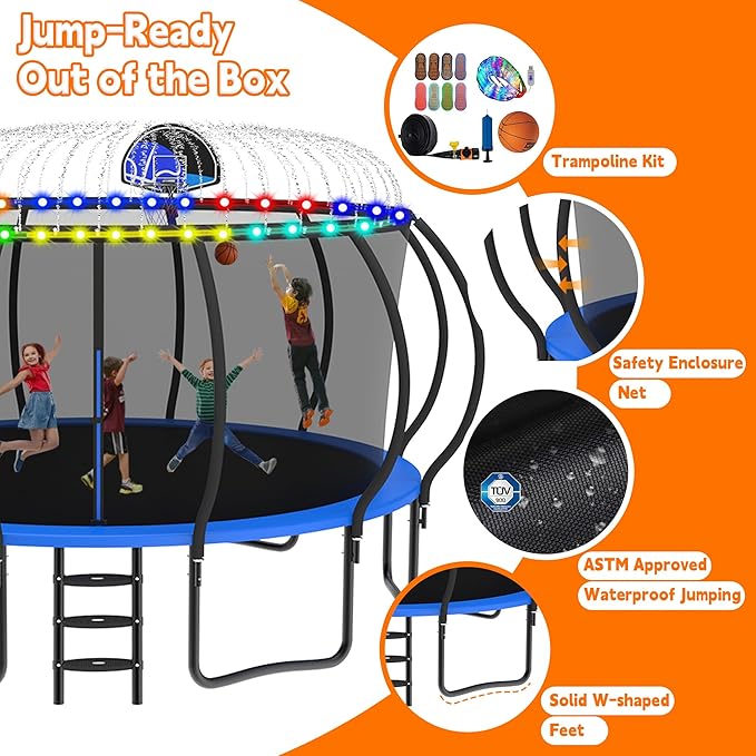 DeepRoar 2026 Upgraded 8/10/12/14/15/16FT Pumpkin Tranpoline for Kids, Heavy Duty 1500LBS Outdoor Tranpoline Set with Basketball Hoop, Light, Sprinkler & Socks, Recreational Trampolings, ASTM Approved