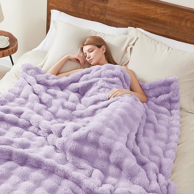 L'AGRATY Faux Rabbit Fur Throw Blanket for Couch, 60'' x 80'', Purple | Soft Cozy Bubble Fluffy Blanket for Sofa Bed, Thick Warm Plush Fuzzy Throw for Room Home Decor, Luxury Gift for Women Mom