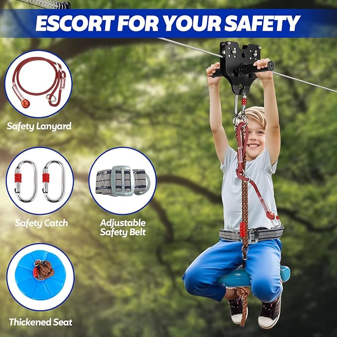 FAHKNS Zip Line Kit for Kids Adults: 180FT Up to 400 lbs - Updated Removable Design Trolley,Thickened Seat,Safety Harness,Quick Tighten Zipline Kits for Outdoor Backyard