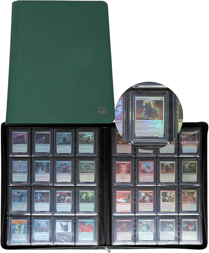 16 Pocket Top loader Binder, Holds 640 Top Loaders, Top loader Binder with Sleeves for 3'' x 4'' Top loaders - Green